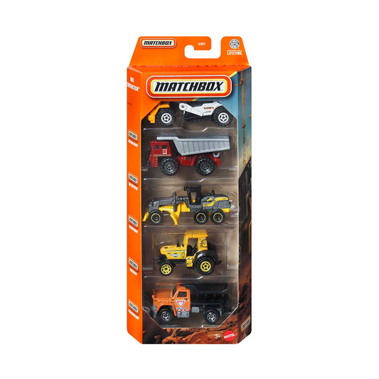 Matchbox 5-Pack MBX Construction Cars Trucks Vehicles, 1:64 Scale Die-Cast, Road Scraper, Turf Hauler, Ground Grinder, Tractor King, Plow Master 6000