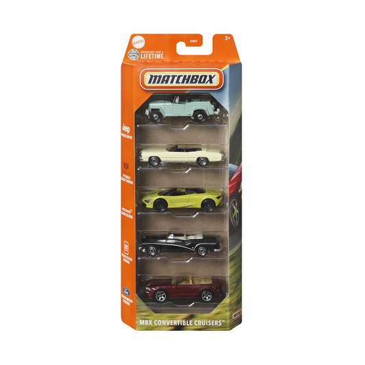 Matchbox 5-Pack MBX Convertible Cruisers Cars Trucks Vehicles, 1:64 Scale Die-Cast, 1948 Willys Jeepster, 1975 Cadillac Eldorado Convertible, Mclaren 720S Spider, 1953 Buick Skylark Convertible, 2018 Ford Mustang Convertible