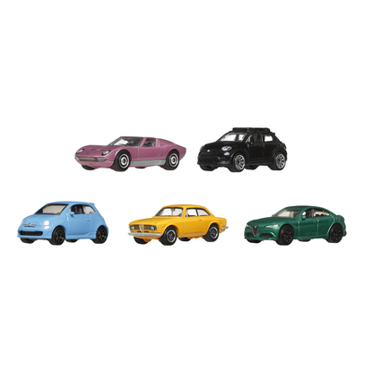 Matchbox 5-Pack Italian Roads Cars Trucks Vehicles, 1:64 Scale Die-Cast, 1968 Lamborghini Miura P400 S, 2016 Fiat 500X, 2019 Fiat 500 Turbo, 1965 Alfa Romeo Giulia Sprint GTA, 2016 Alfa Romeo Giulia