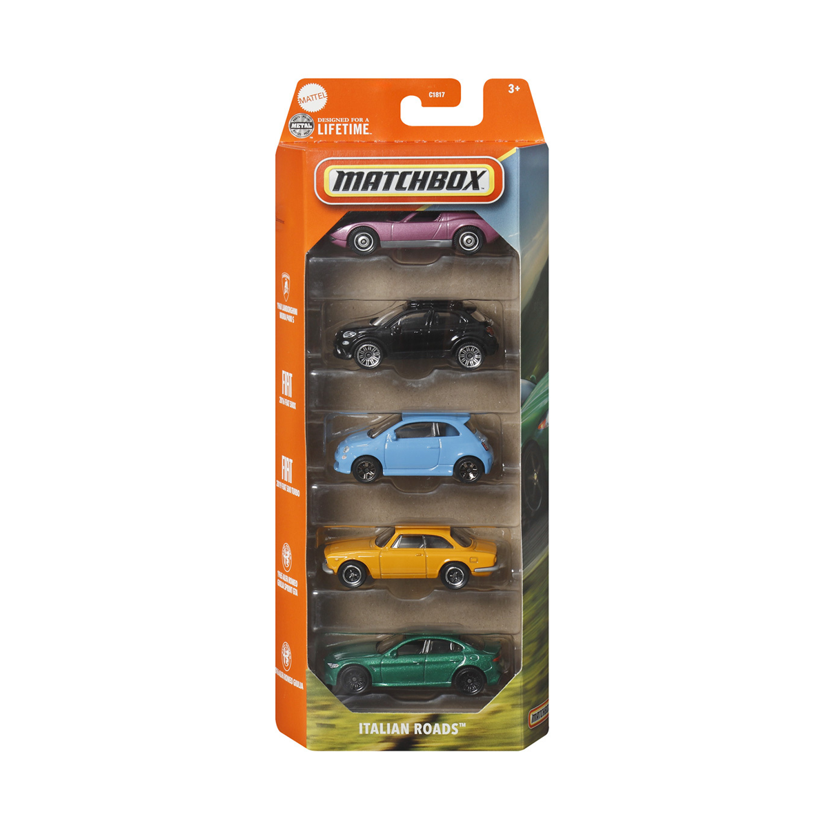 Matchbox 5-Pack Italian Roads Cars Trucks Vehicles, 1:64 Scale Die-Cast, 1968 Lamborghini Miura P400 S, 2016 Fiat 500X, 2019 Fiat 500 Turbo, 1965 Alfa Romeo Giulia Sprint GTA, 2016 Alfa Romeo Giulia