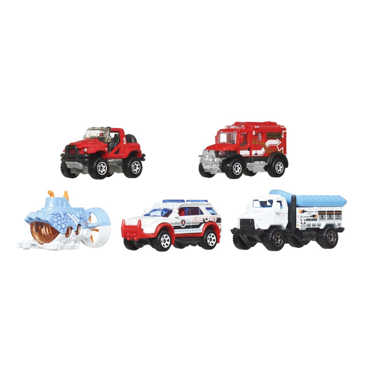 Matchbox 5-Pack MBX Marine Rescue Cars Trucks Vehicles, 1:64 Scale Die-Cast, Cliff Hanger, 4x4 Scrambulance, Deep Diver, Ford Explorer, Rapids Rescue