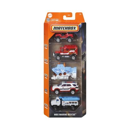 Matchbox 5-Pack MBX Marine Rescue Cars Trucks Vehicles, 1:64 Scale Die-Cast, Cliff Hanger, 4x4 Scrambulance, Deep Diver, Ford Explorer, Rapids Rescue