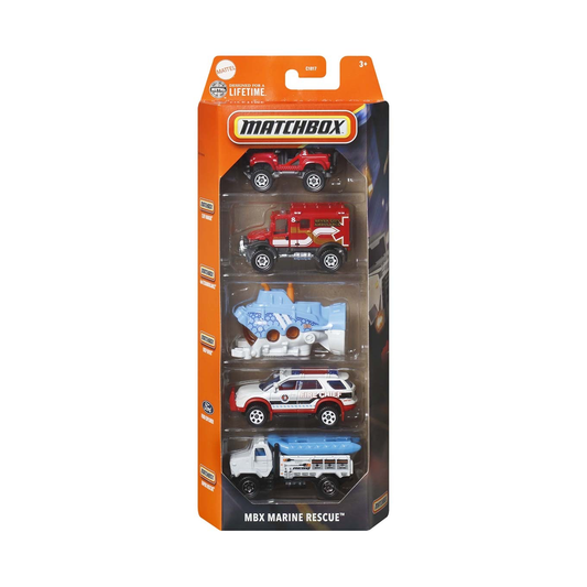 Matchbox 5-Pack MBX Marine Rescue Cars Trucks Vehicles, 1:64 Scale Die-Cast, Cliff Hanger, 4x4 Scrambulance, Deep Diver, Ford Explorer, Rapids Rescue