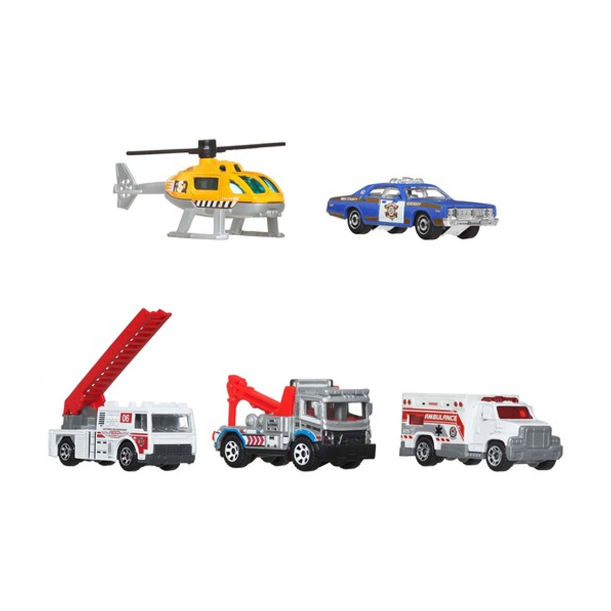 Matchbox 5-Pack MBX Rescue V Cars Trucks Vehicles, 1:64 Scale Die-Cast, Rescue Helicopter, 1978 Dodge Monaco Police, Flame Tamer, Urban Tow Truck, Ambulance