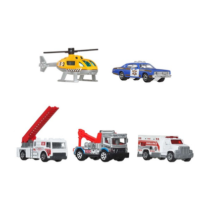 Matchbox 5-Pack MBX Rescue V Cars Trucks Vehicles, 1:64 Scale Die-Cast, Rescue Helicopter, 1978 Dodge Monaco Police, Flame Tamer, Urban Tow Truck, Ambulance