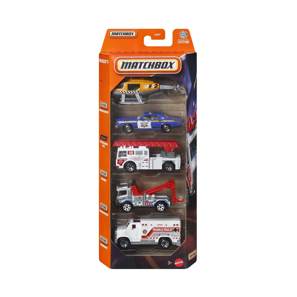 Matchbox 5-Pack MBX Rescue V Cars Trucks Vehicles, 1:64 Scale Die-Cast, Rescue Helicopter, 1978 Dodge Monaco Police, Flame Tamer, Urban Tow Truck, Ambulance