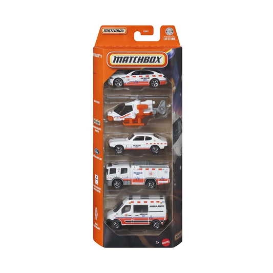 Matchbox 5-Pack MBX Rescue V Cars Trucks Vehicles, 1:64 Scale Die-Cast, BMW M5 Police, Mission Helicopter, 1970 Ford Capri RS 2600, Scania P360 Fire Truck, Renault Master Ambulance