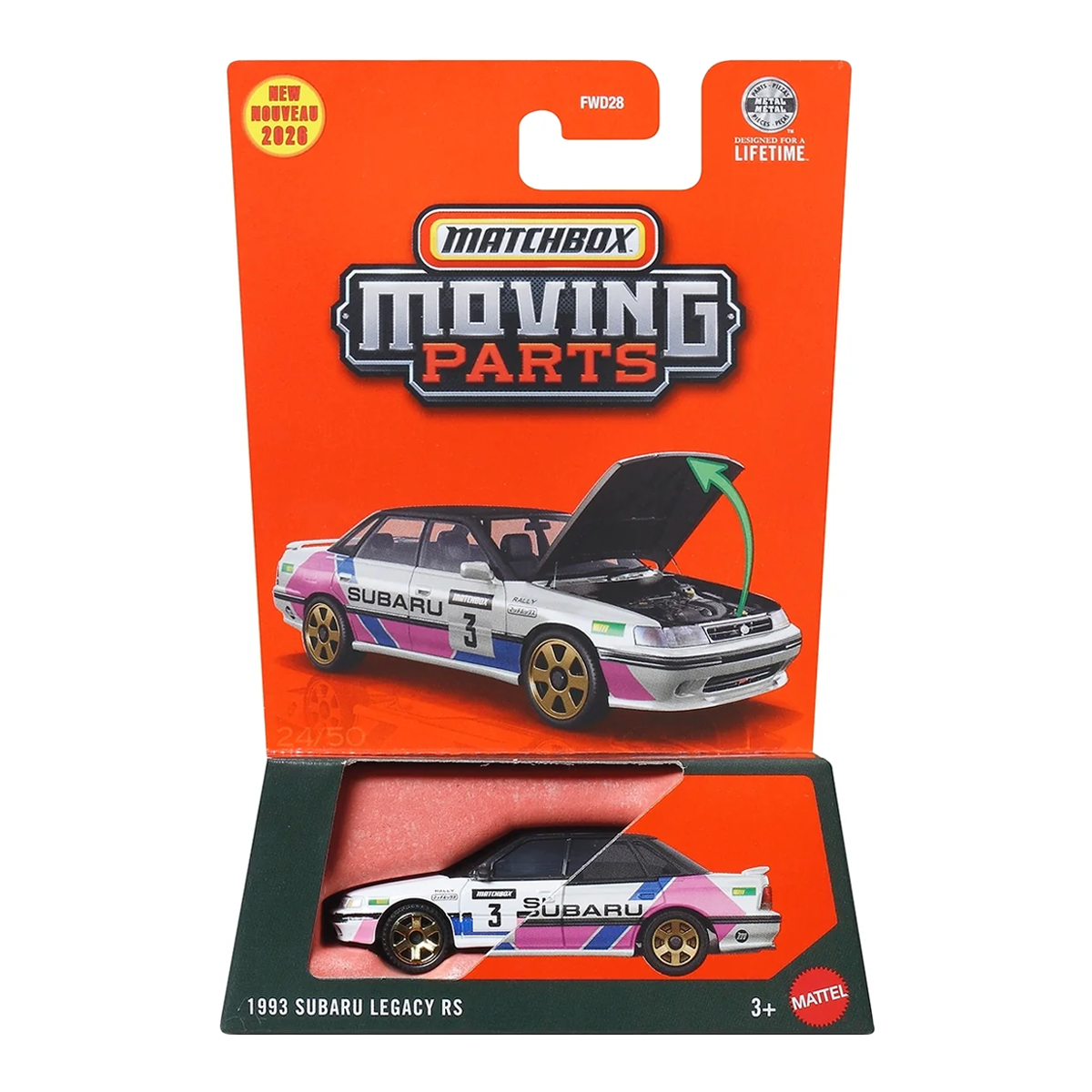 Matchbox Moving Parts 1993 Subaru Legacy RS, Cars Trucks, 1:64 Scale Die-Cast Vehicles, Realistic, Push and Go Toy Car