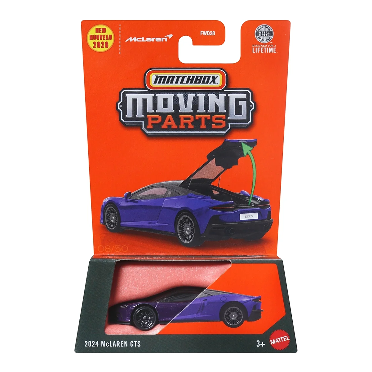 Matchbox Moving Parts 2024 McLaren GTS, Cars Trucks, 1:64 Scale Die-Cast Vehicles, Realistic, Push and Go Toy Car