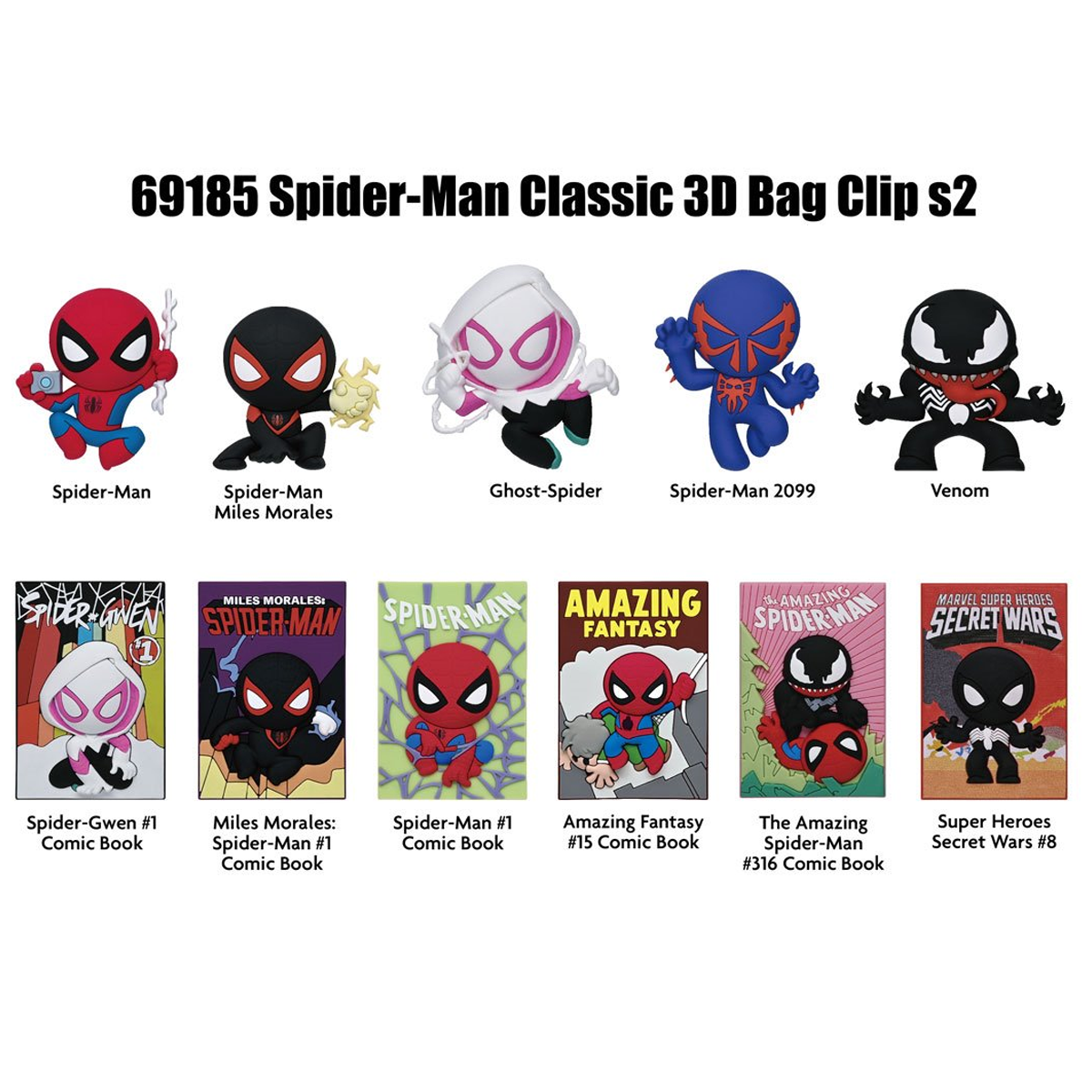 Monogram Spider-Man Classic Bag Clip, Collectible Key Chain, Marvel 3D Foam, Collectors, Special Rare Chase Figures, Venom, Miles Morales, Ghost-Spider- Spider-Man 2099, Comic Book