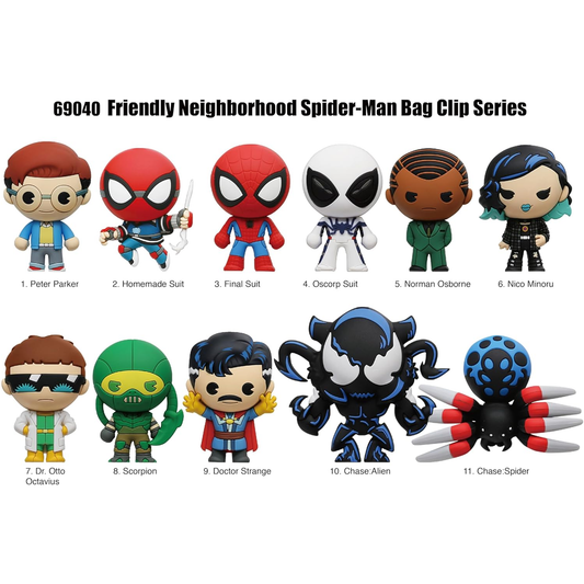 Monogram You're Friendly Neighborhood Spider-Man Bag Clip, Collectible Key Chain, 3D Foam, Spider-Man Marvel Collectors, Special Rare Chase Figures, Peter Parker, Dr Strange, Venom, Dr Otto Octavius, Scorpion, Norman Osborne