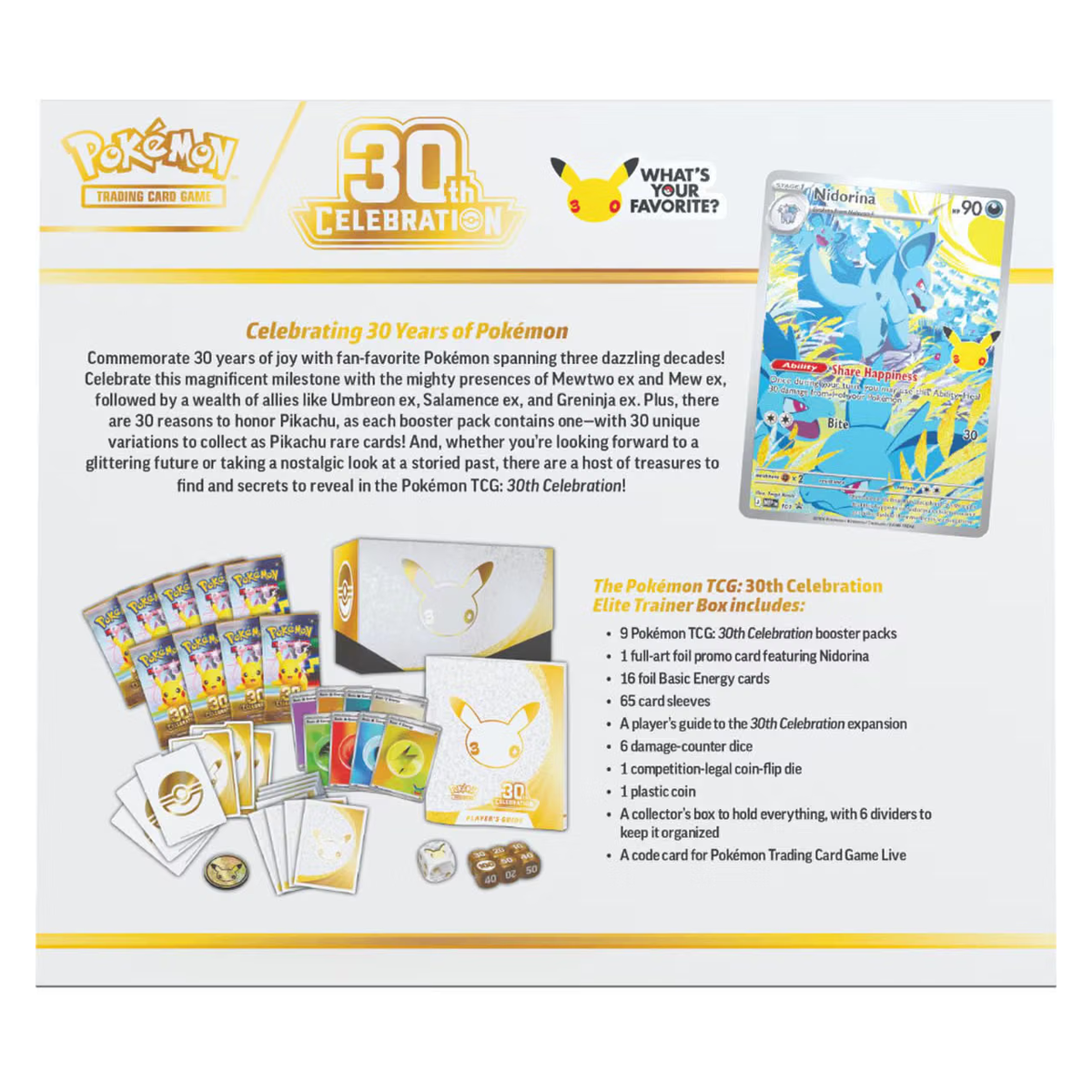Pokémon TCG 30th Celebration Elite Trainer Box ETB, Collector, Chase, Collection, Trading Card Game, Booster Expansion Pack, Art Card, Digital Code, Fan Favorite, Pikachu