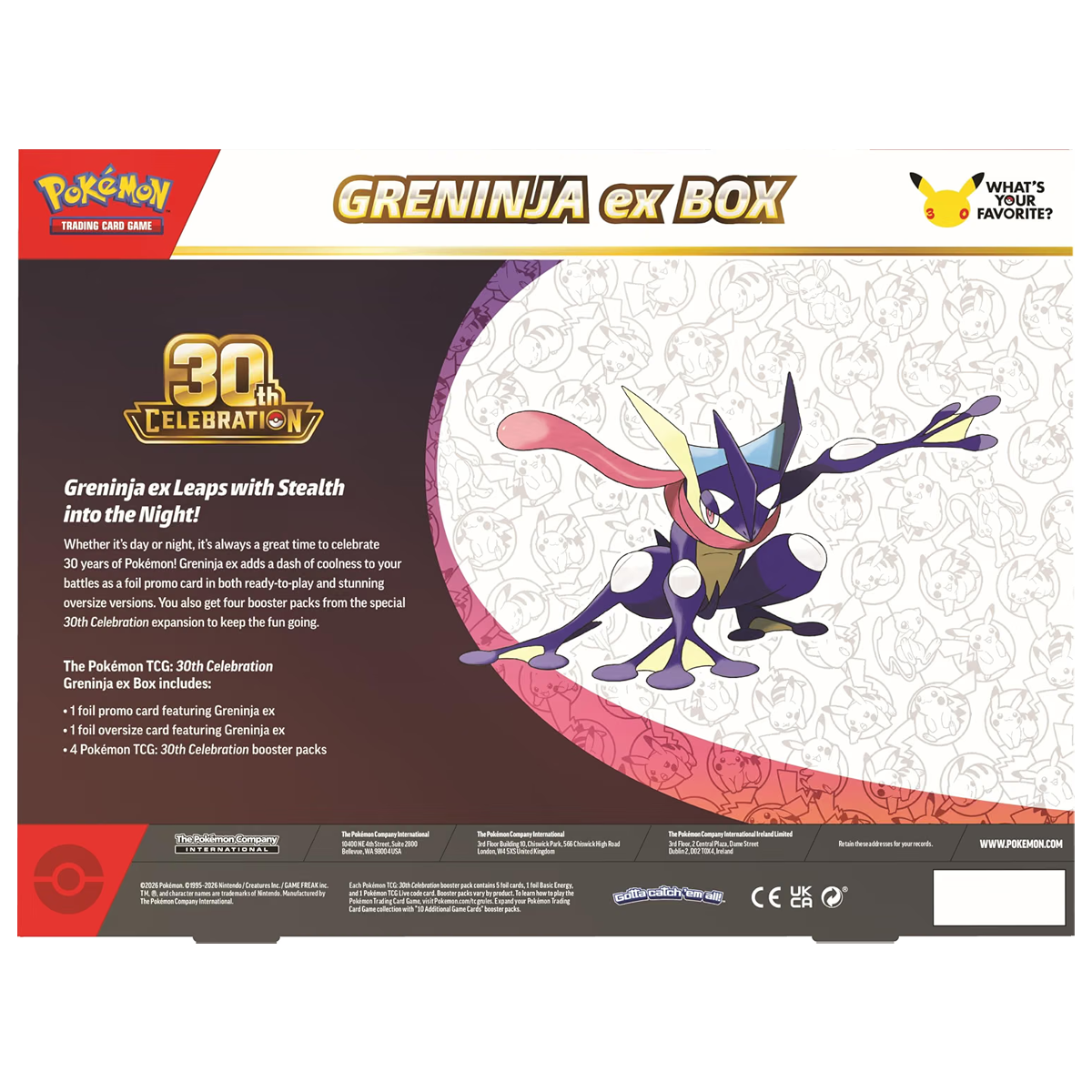 Pokémon TCG 30th Celebration Greninja Ex Box, Collector, Chase, Collection, Trading Card Game, Booster Expansion Pack, Art Card, Digital Code, Fan Favorite, Pikachu