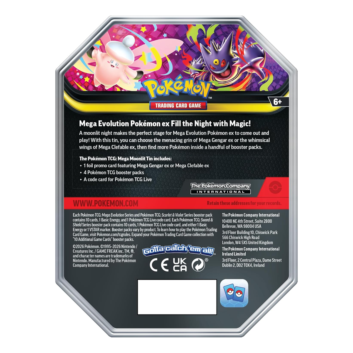 Pokémon TCG: Mega Moonlit Tin Clefable ex, Collector, Chase, Collection, Trading Card Game, Booster Pack, Digital Code, Fan Favorite, Mega Evolution, Perfect Order, Chaos Rising, Phantasmal Flames