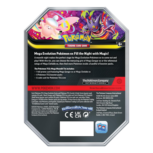 Pokémon TCG: Mega Moonlit Tin Clefable ex, Collector, Chase, Collection, Trading Card Game, Booster Pack, Digital Code, Fan Favorite, Mega Evolution, Perfect Order, Chaos Rising, Phantasmal Flames